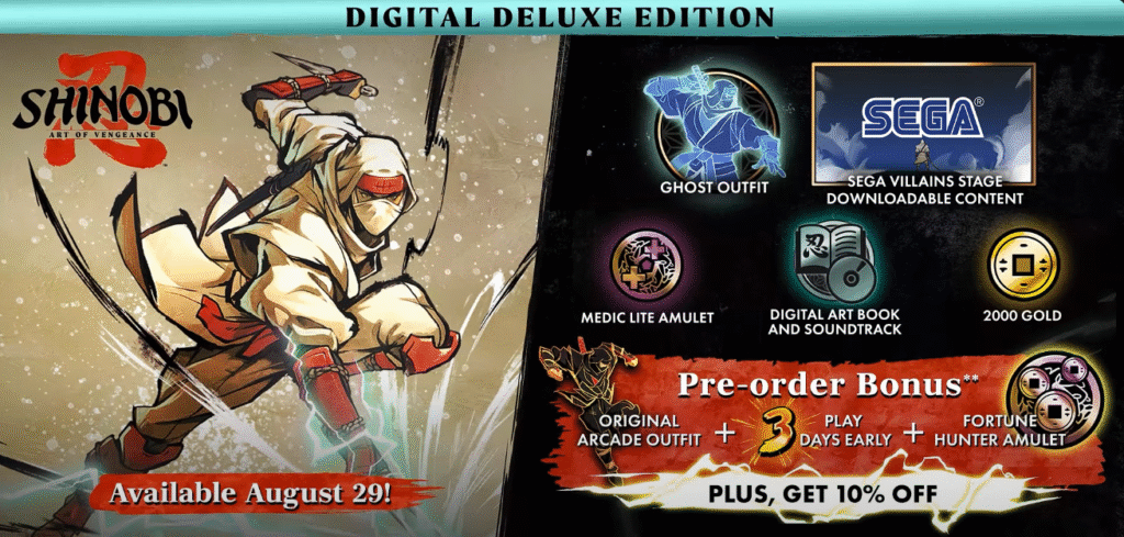 SHINOBI: Art of Vengeance – New Trailer Showcases the Challenging Desert Stage 1 Experience the legendary ninja Joe Musashi in SHINOBI: Art of Vengeance. The new Desert Stage trailer reveals stunning visuals, intense combat, and challenging platforming ahead of the game’s August 29, 2025 release for PlayStation, Xbox, Switch, and PC.